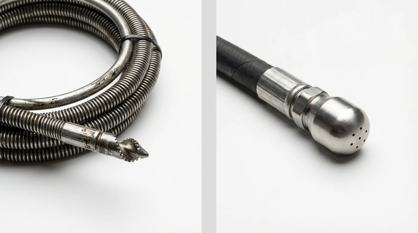 Drain snake cable and hydro jetting nozzle used for drain cleaning in Buffalo, NY