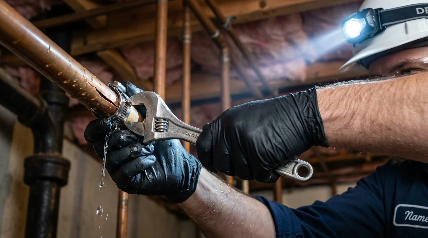 Emergency pipe clamp repair being performed by a Johns Plumbing LLC plumber in Buffalo