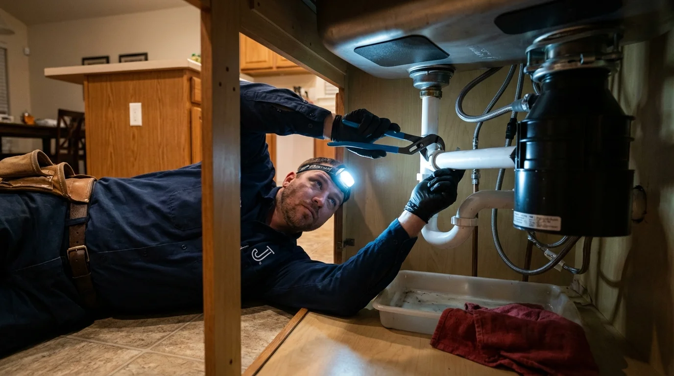P-trap and supply line connections under a kitchen sink showing a common leak point in Buffalo, NY